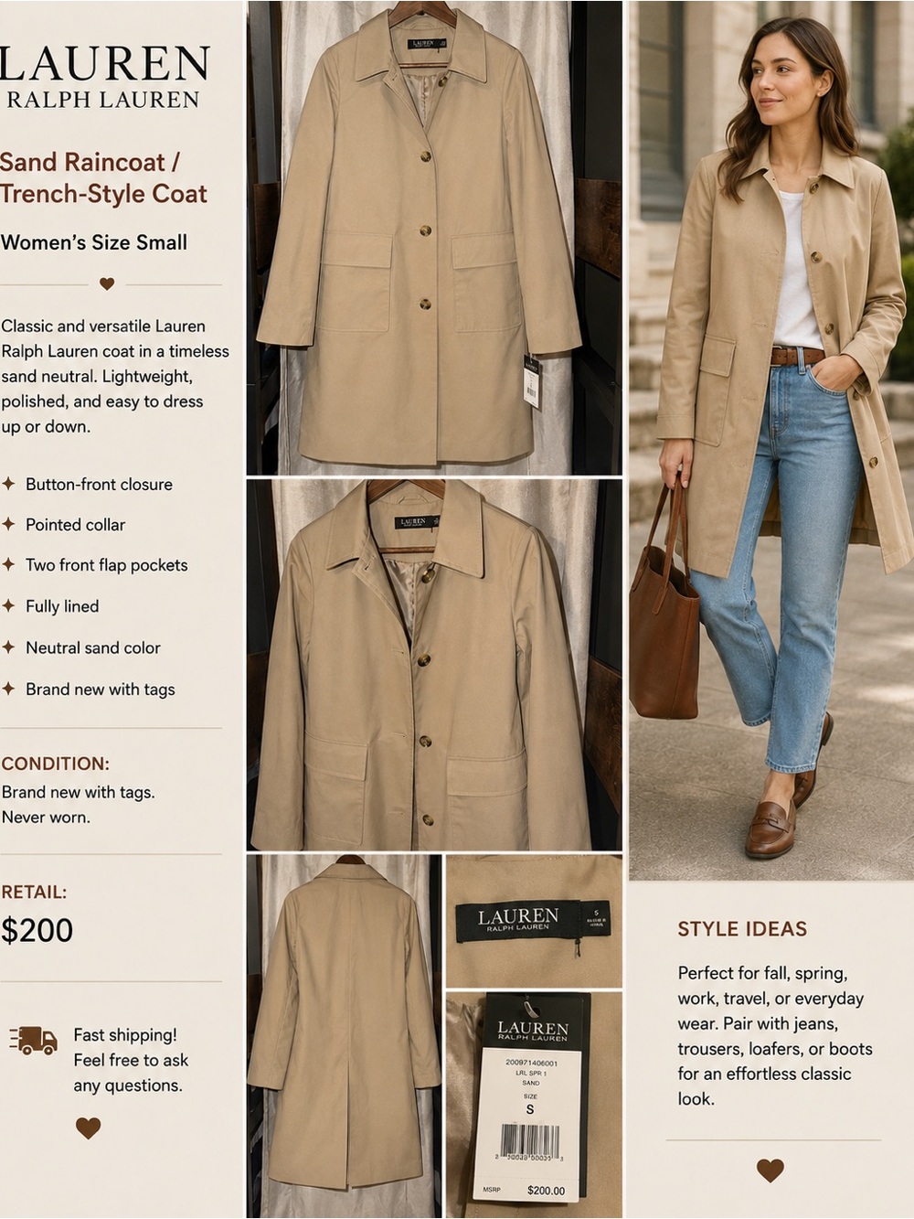 Lauren Ralph Lauren Sand Trench-Style Coat